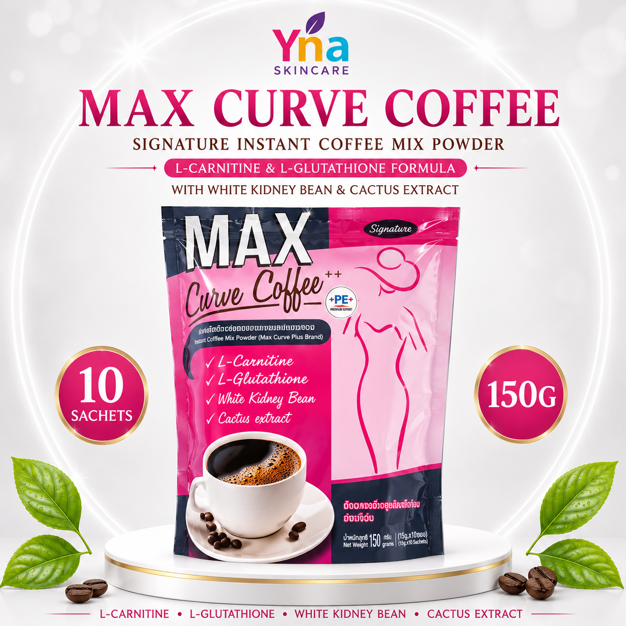 Max Curve Coffee Signature Instant Coffee Mix Powder – L-Carnitine & L-Glutathione Formula (10 Sachets)